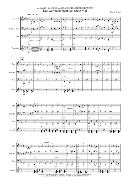 Das War Noch Nicht Das Letzte Mal German Polka Oktoberfest Drachenfelser Musikanten Quartet Sheet Music