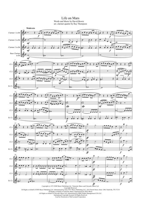 David Bowie Is There Life On Mars Clarinet Quartet Sheet Music