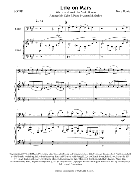 David Bowie Life On Mars For Cello Piano Sheet Music