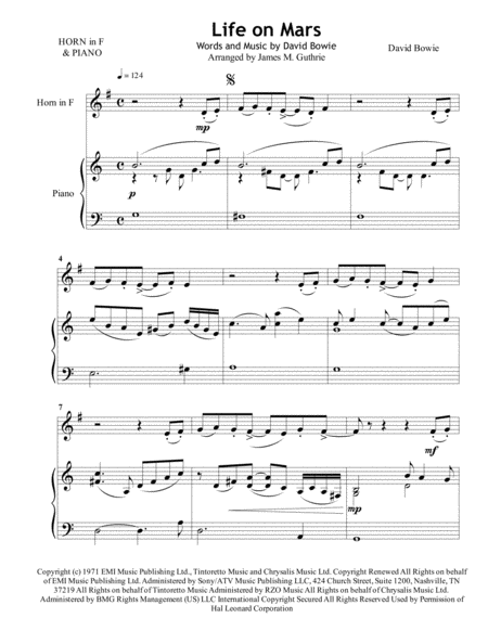 David Bowie Life On Mars For French Horn Piano Sheet Music