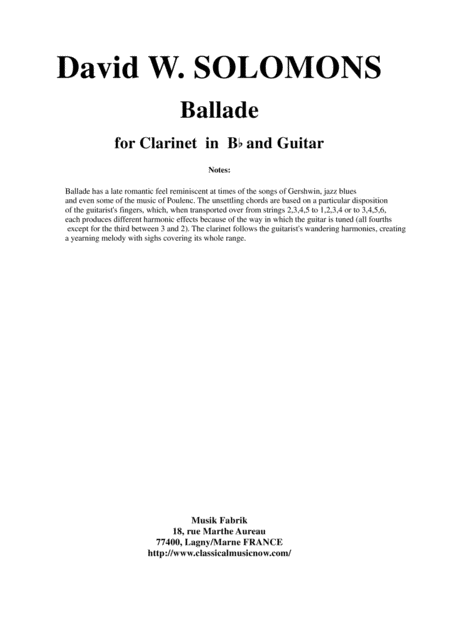 Free Sheet Music David W Solomons Ballade For Bb Clarinet And Guitar