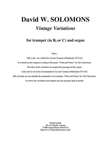 David W Solomons Vintage Variations For Trumpet Bb And C Parts Included And Organ Sheet Music