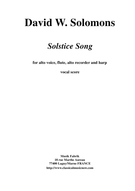 David Warin Solomons Solstice Song For Alto Medium Voice Flute Alto Recorder And Harp Sheet Music