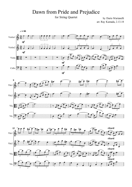 Dawn From Pride And Prejudice For String Quartet Sheet Music