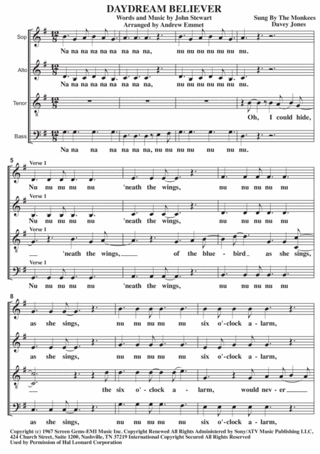 Daydream Believer A Cappella Sheet Music