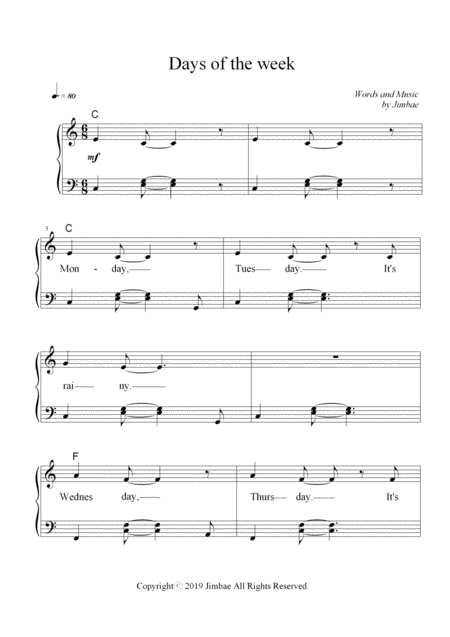 Free Sheet Music Days Of The Week Nursery Rhymes For Easy Piano