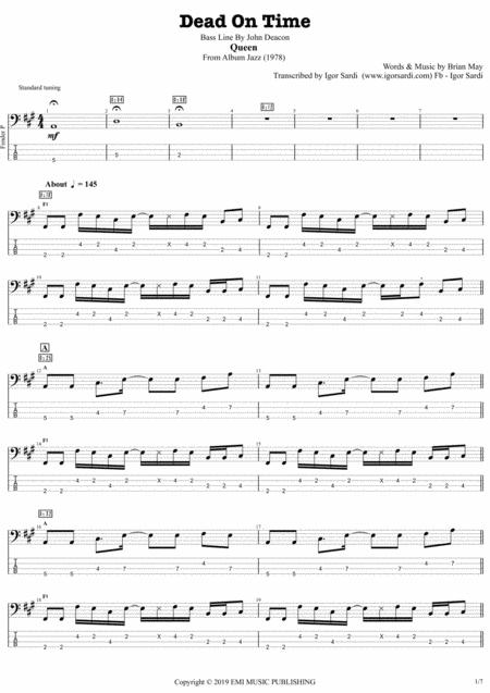 Dead On Time Queen John Deacon Complete And Accurate Bass Transcription Whit Tab Sheet Music