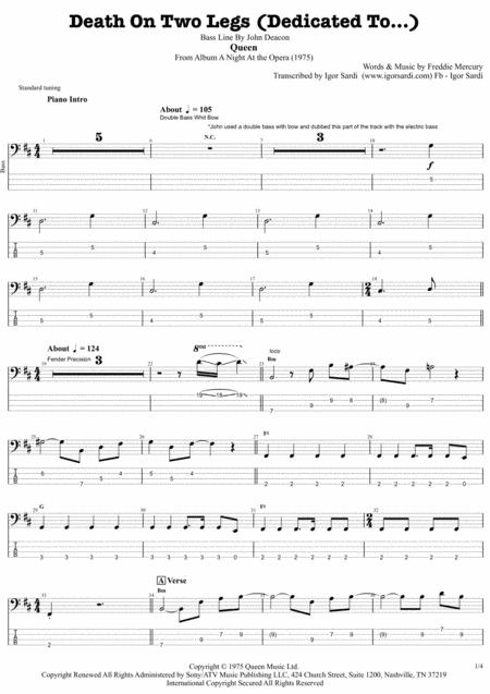 Death On Two Legs Queen John Deacon Complete And Accurate Bass Transcription Whit Tab Sheet Music