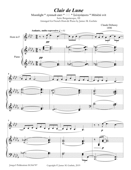 Debussy Claire De Lune For French Horn Piano Sheet Music