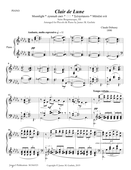 Debussy Claire De Lune For Piccolo Piano Sheet Music