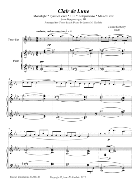 Free Sheet Music Debussy Claire De Lune For Tenor Sax Piano