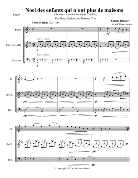 Debussy Noel For Flute Clarinet And Bassoon Trio Sheet Music