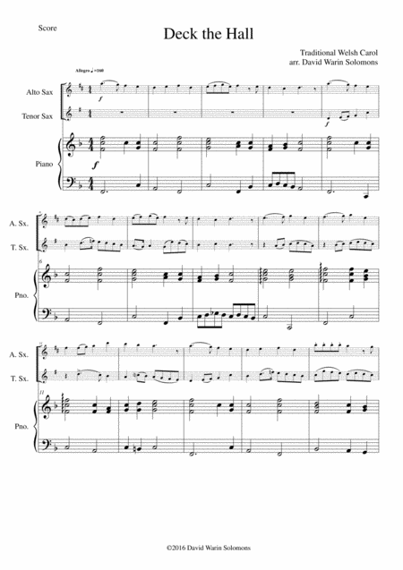 Deck The Hall For Alto Saxophone Tenor Saxophone And Piano Sheet Music