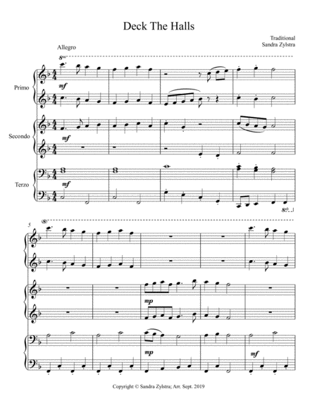 Free Sheet Music Deck The Halls 1 Piano 6 Hands Trio