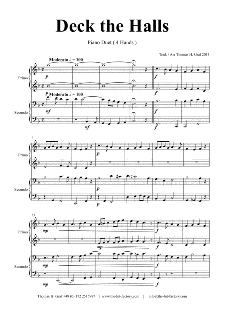 Deck The Halls Christmas Carol Polyphonic Piano Duet 4 Hands Sheet Music