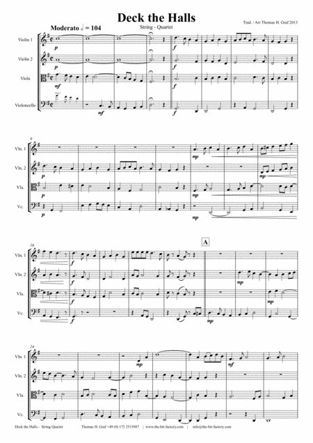 Deck The Halls Christmas Carol Polyphonic String Quartet Sheet Music