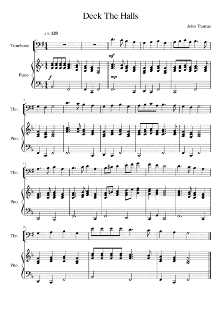 Deck The Halls Trombone Bass Clef Solo Sheet Music