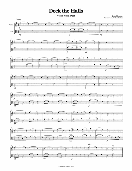 Deck The Halls Violin Viola Duet Two Tonalities Included Sheet Music