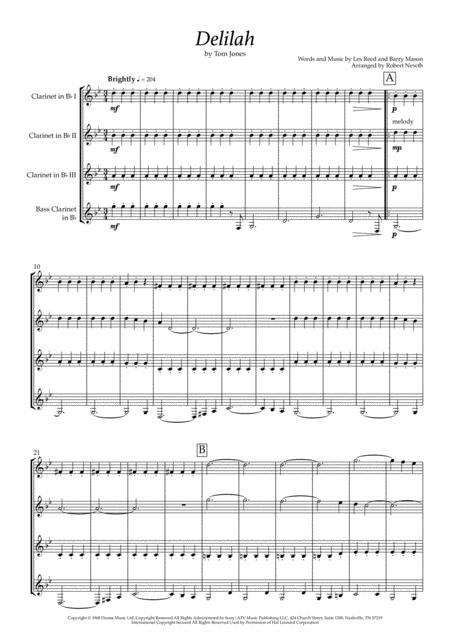Free Sheet Music Delilah For Clarinet Quartet