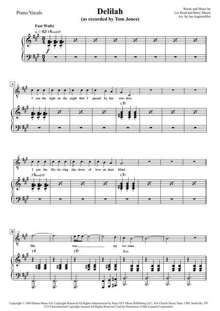 Delilah Piano Vocals Chords Transcription Of The Original Tom Jones Recording F Minor Sheet Music