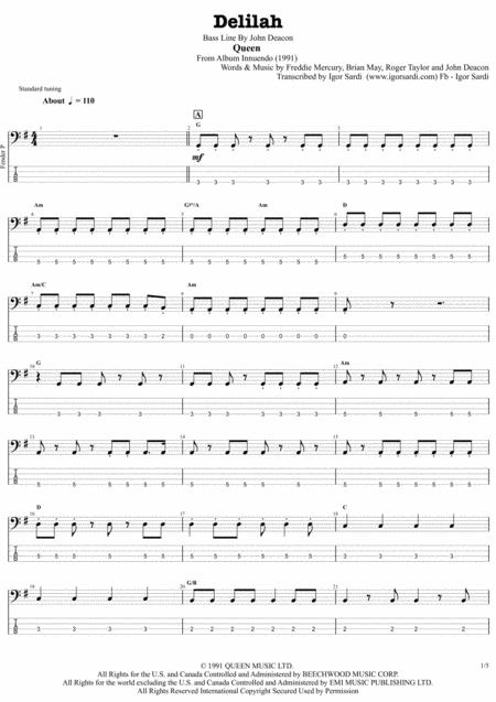 Free Sheet Music Delilah Queen John Deacon Complete And Accurate Bass Transcription Whit Tab