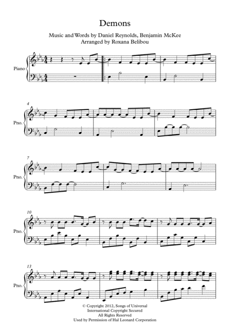 Demons By Imagine Dragons Piano Sheet Music