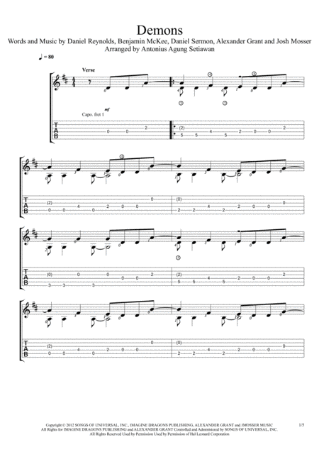 Demons Fingerstyle Guitar Solo Sheet Music