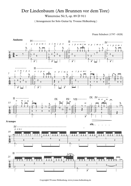 Der Lindenbaum Am Brunnen Vor Dem Tore Arranged For Classical Guitar Tab Sheet Music