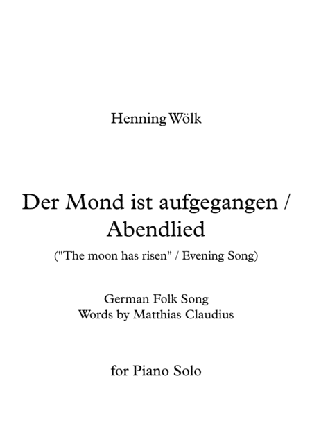 Der Mond Ist Aufgegangen Abendlied Evening Song Sheet Music