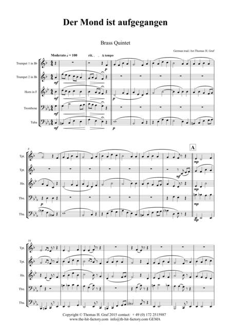 Der Mond Ist Aufgegangen German Folk Song Brass Quintet Sheet Music