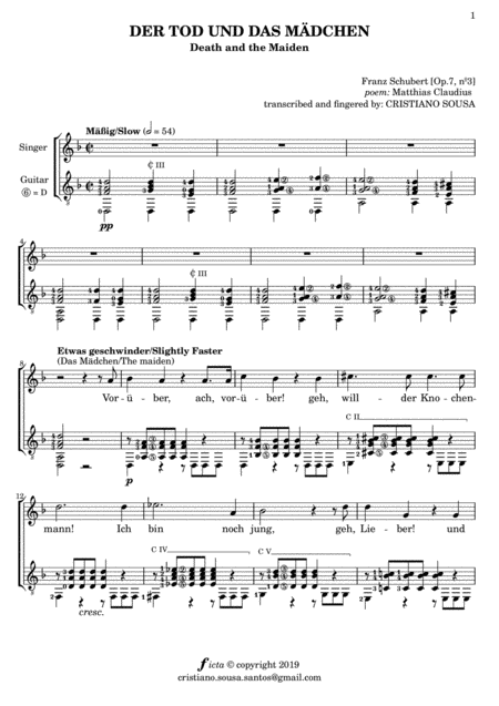 Der Tod Und Das Mdchen Death And The Maiden Lied By Franz Schubert Voice And Guitar Sheet Music