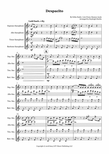 Free Sheet Music Despacito By Luis Fonsi Saxophone Quartet Satb