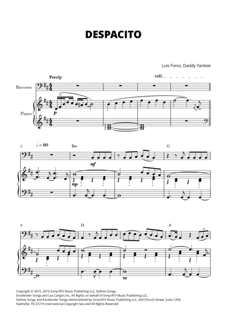 Free Sheet Music Despacito For Bassoon And Piano With Chords