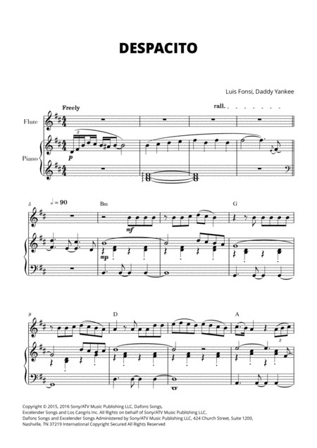 Free Sheet Music Despacito For Flute And Piano With Chords