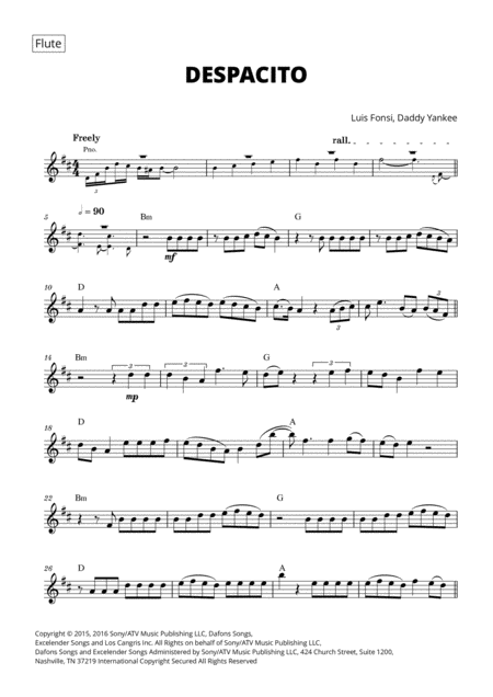 Despacito For Flute With Chords Sheet Music