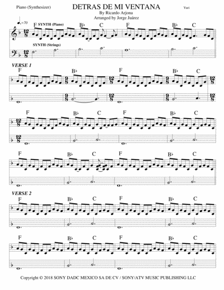 Detras De Mi Ventana Piano Bass Guitar Drums Sheet Music