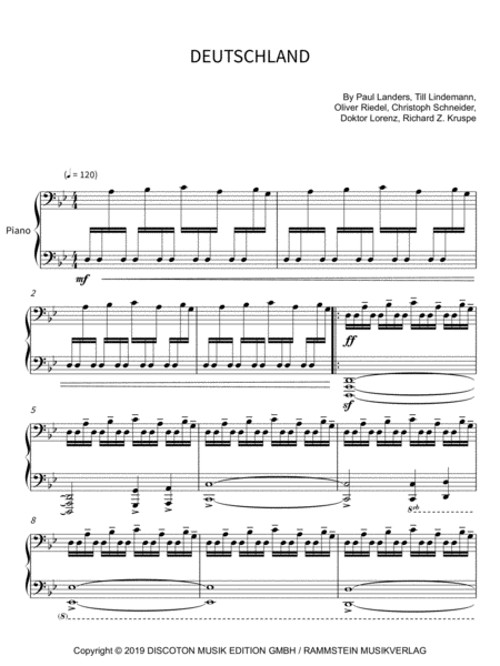 Deutschland Rammstein Piano Sheet Music