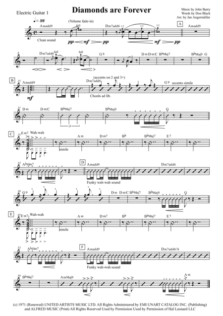 Free Sheet Music Diamonds Are Forever E Guitar Transcription Of The Original Shirley Bassey Recording