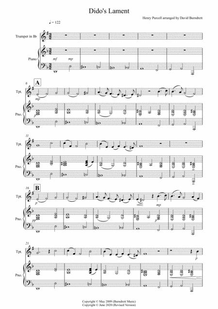 Free Sheet Music Didos Lament For Trumpet In Bb And Piano