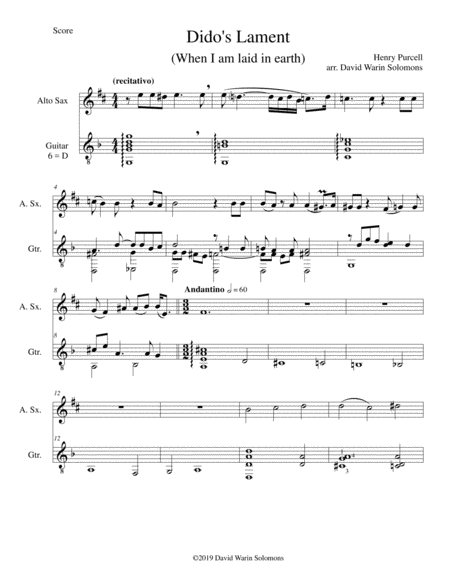 Didos Lament When I Am Laid In Earth Arranged For Alto Saxophone And Guitar Sheet Music