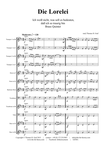 Die Loreley Ich Wei Nicht Was Soll Es Bedeuten German Folk Song Brass Quintet Arrangement Thomas H Graf Sheet Music