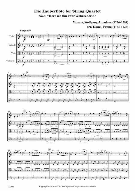 Die Zauberflte For String Quartet No 5 Herr Ich Bin Zwar Verbrecherin Sheet Music