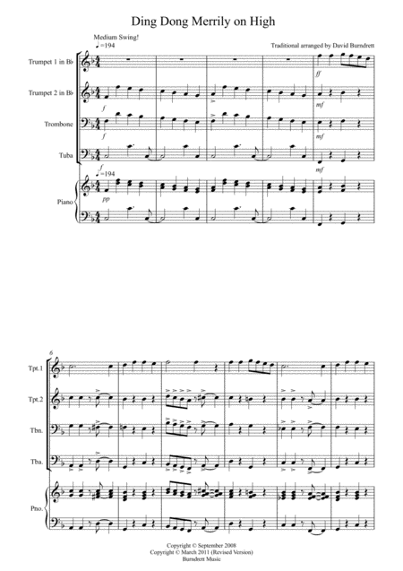 Ding Dong Merrily On High Jazzy Style For Brass Quartet Sheet Music