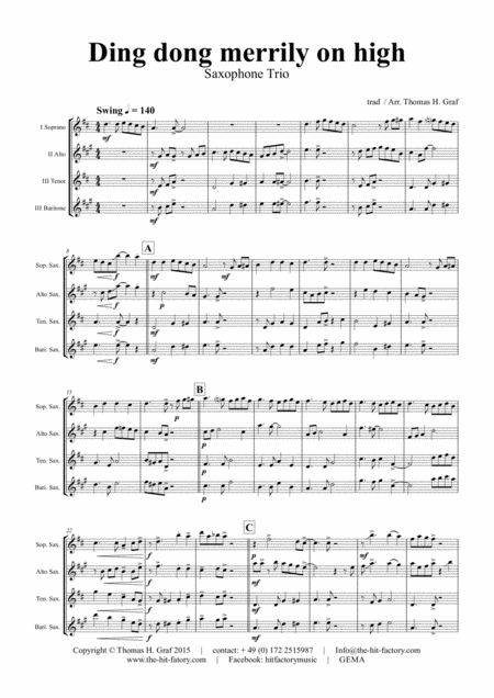 Free Sheet Music Ding Dong Merrily On High Swing Saxophone Trio