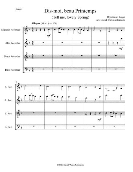 Dis Moi Beau Printemps Tell Me Lovely Spring For Recorder Quartet Sheet Music