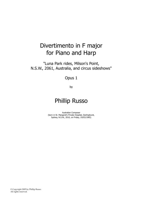 Divertimento In F Major For Piano And Harp Opus 1 Luna Park Rides Milsons Point Ns W 2061 Australia And Circus Sideshows Sheet Music