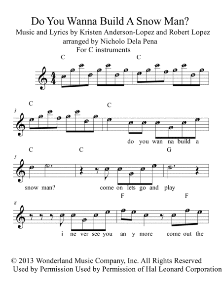 Free Sheet Music Do You Want To Build A Snowman Easy To Read Aplhabetized Big Notes With Chords For C Instruments