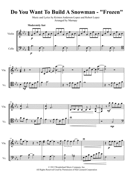 Do You Want To Build A Snowman From Frozen Arranged For String Duet Sheet Music