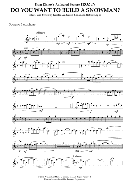 Do You Want To Build A Snowman From Frozen For Saxophone Quintet Sheet Music