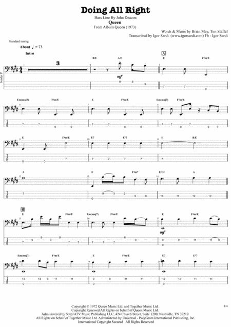 Doing All Right Queen John Deacon Complete And Accurate Bass Transcription Whit Tab Sheet Music